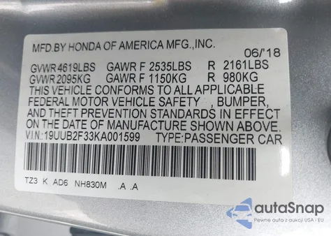 2019 Acura Tlx Standard z USA, uszkodzony, nr VIN 19UUB2F33KA001599